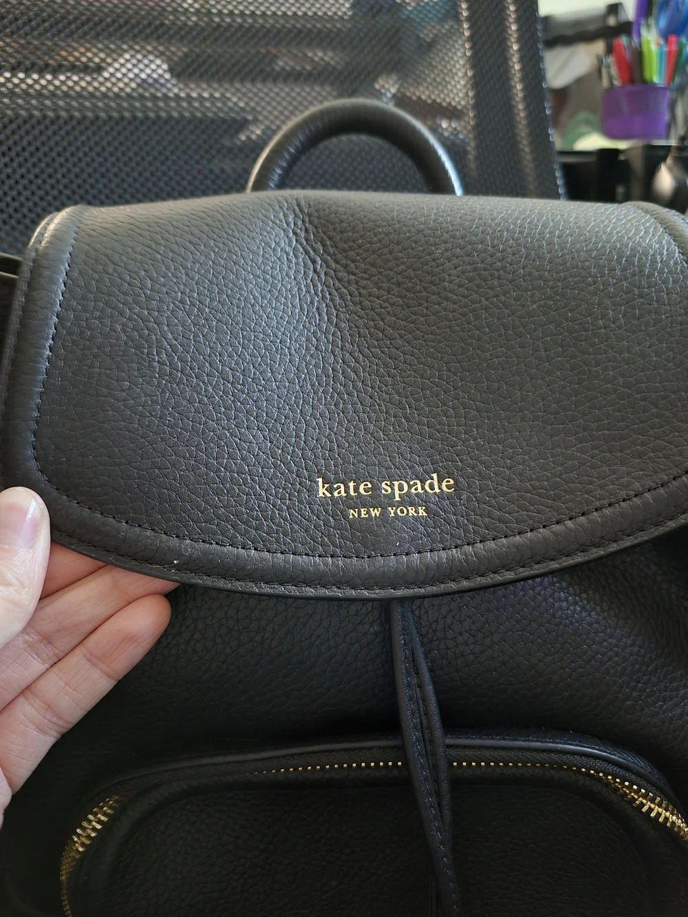 kate spade Black Pebbled Leather Drawstring Backpack with Front Zip Pocket